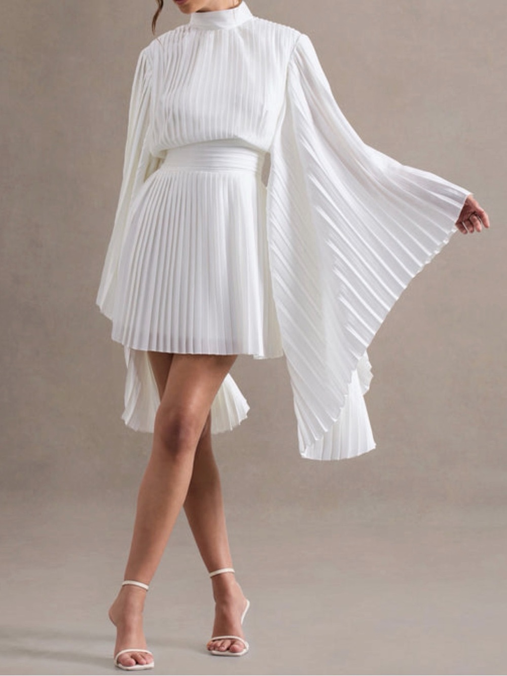 White Pleated High-Neck Mini Dress with Cape Sleeves - Picture 3 of 4